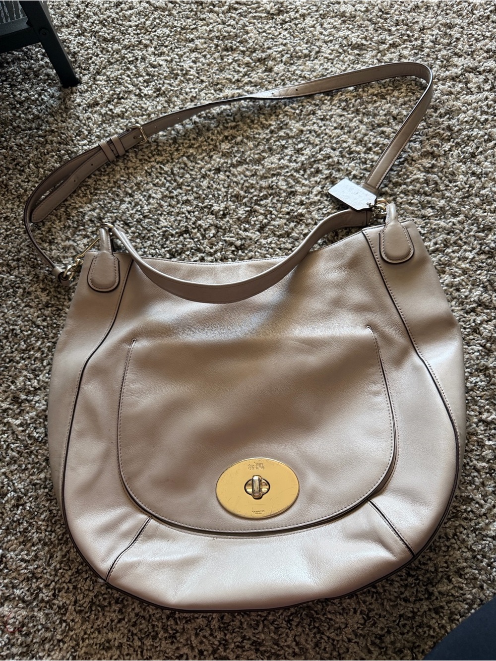 Coach Taupe Leather Shoulder Bag with Gold Turnlock